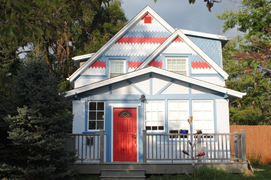 Red, white and blue painted house